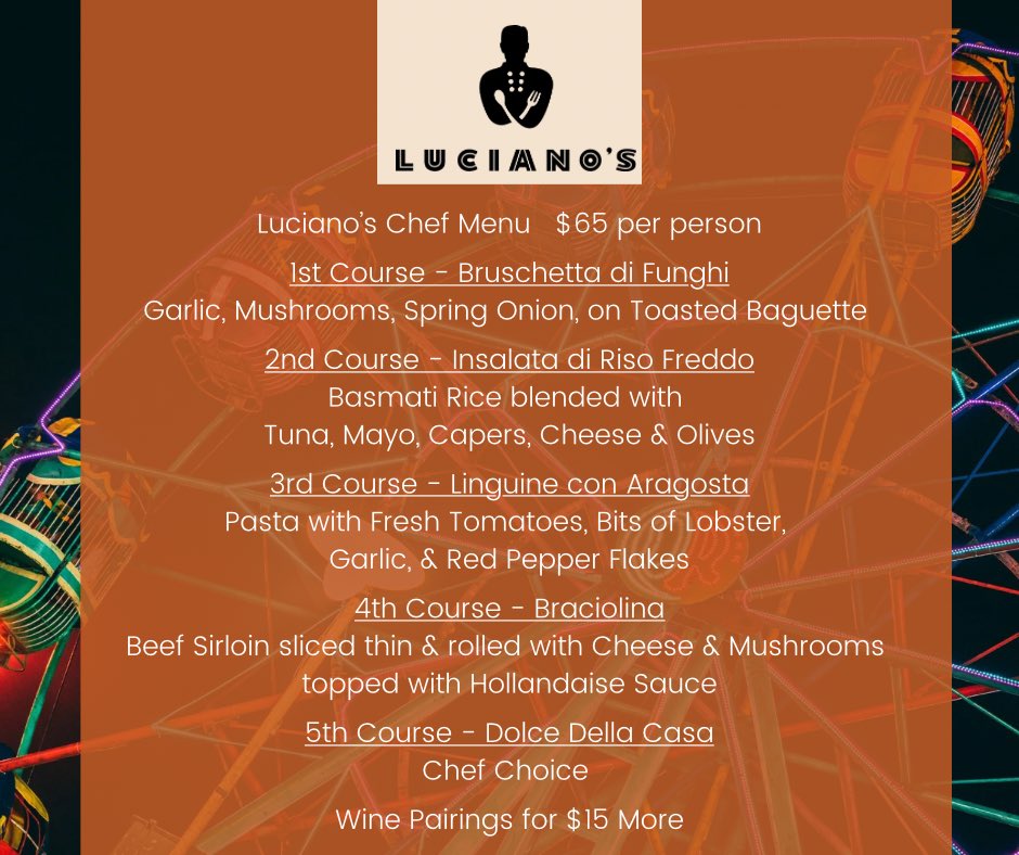 Chef Menu for this Old Settler’s Weekend!  Call 316-777-0045 to make your reservations &amp; come down for dinner and stay for the city celebrations 🎡🍷