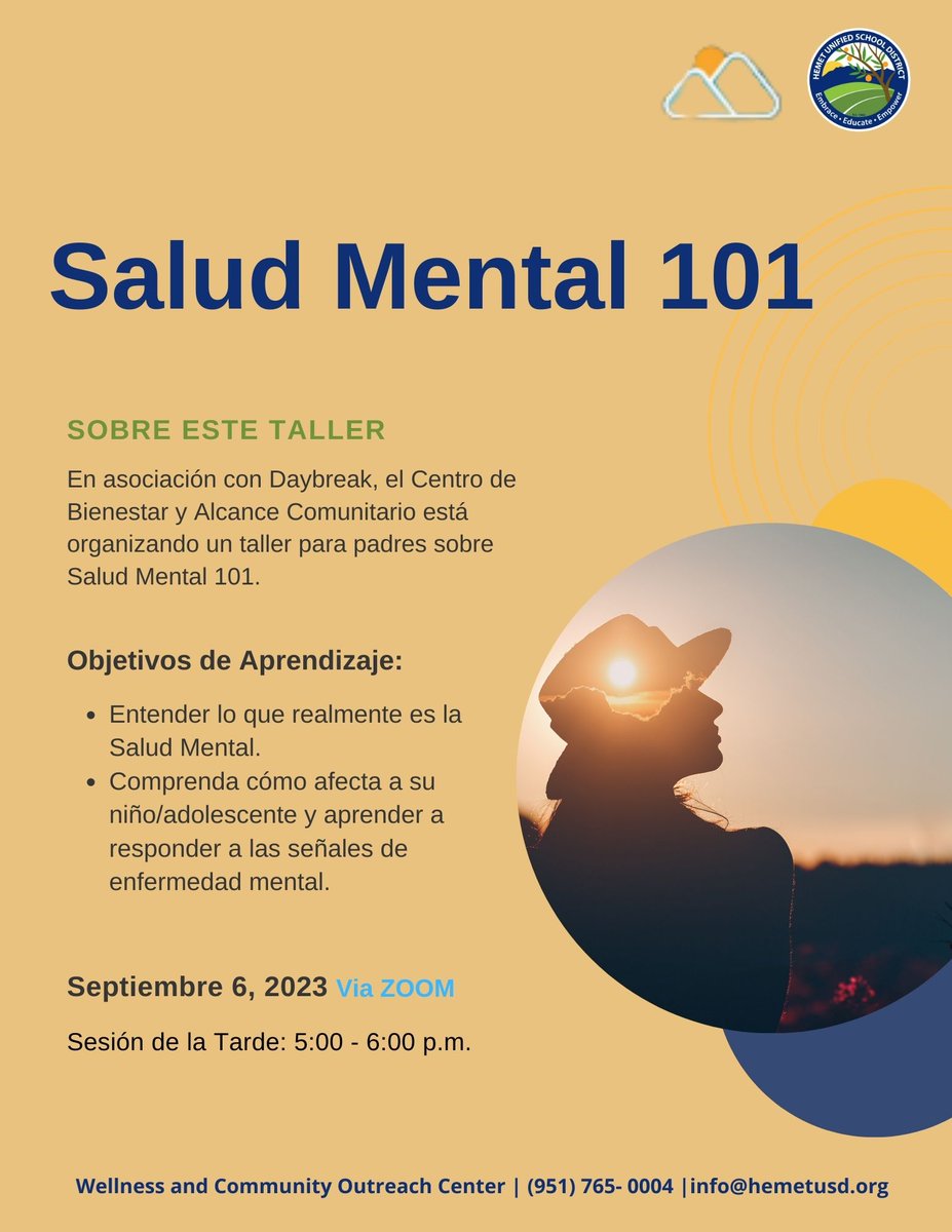 Parent Workshop: Mental Health 101. Wednesday 9/6/23, 5-6PM Via ZOOM. Register: google.com/url?q=https://…