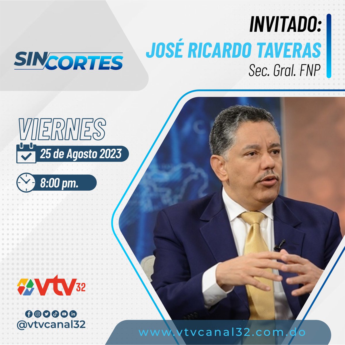 Hoy, junto a @angelacostaf en “SIN CORTES” contaremos con la presencia del abogado y político @JoseRicardoTB . ¡Activa las notificaciones y disfruta de esta interesante entrevista! 🔔 ⏰ La cita es hoy a las 8:00 PM. 📺 Sintoniza @vtvcanal32 en todas las operadoras del país…