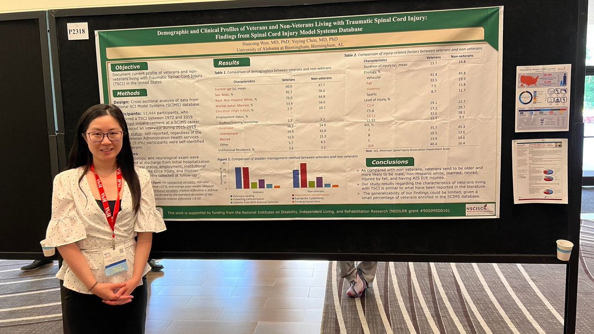 We❤️sharing our disability and rehabilitation research. Postdoc fellow Huacong Wen, PhD presented a poster at the Paralyzed Veterans of America Healthcare Summit + Expo titled 'Demographic and Health Profiles of Veterans and Non-Veterans Living with Traumatic Spinal Cord Injury'.