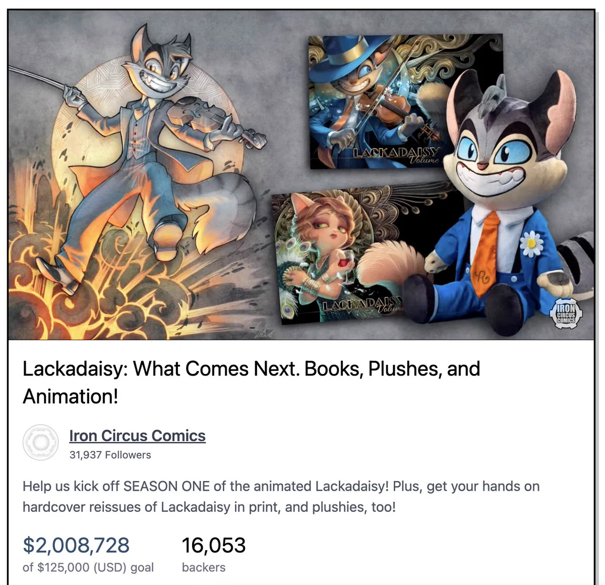 Huge congrats to @IronCircusComix and the @Lackadaisyfilm campaign for being the THIRD MOST FUNDED and THIRD MOST BACKED project ever on BackerKit—$2 million and 16k backers! 🥳👏