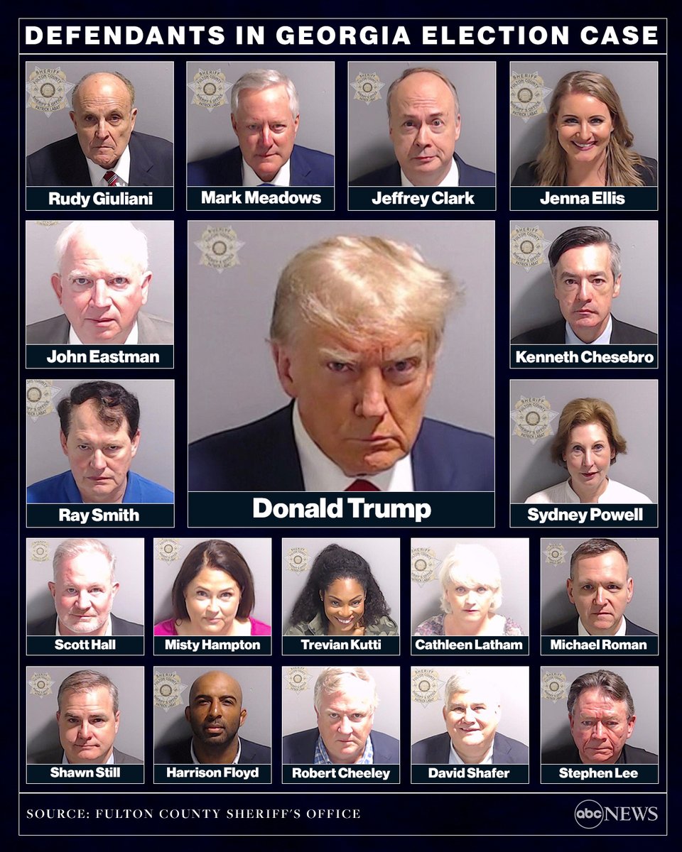 The mug shots of all 19 defendants in the Georgia election interference case have been released by the Fulton County Sheriff's Office. trib.al/JQzZO0e