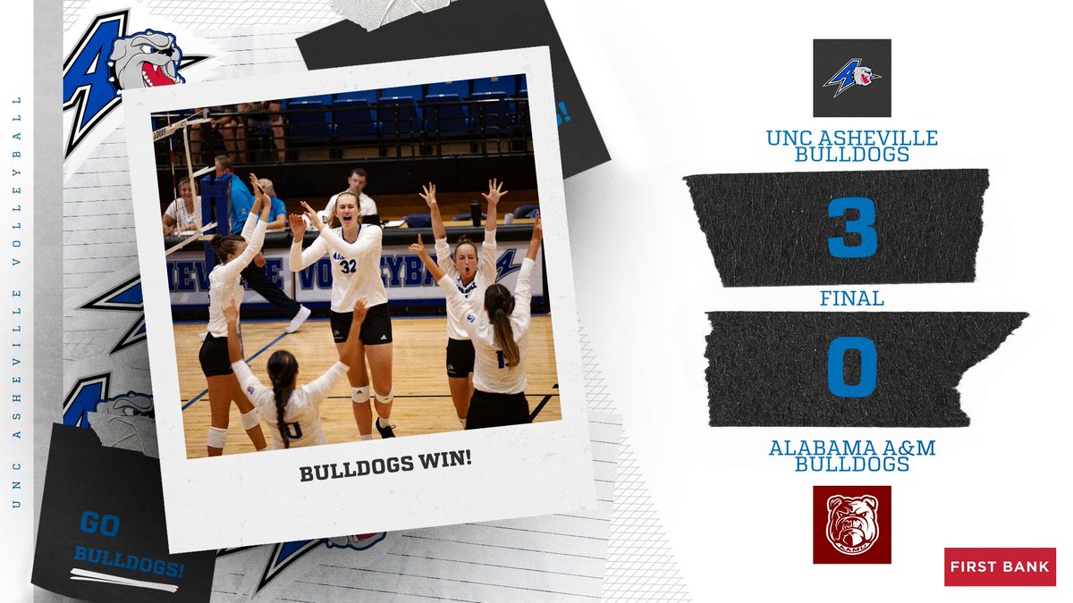 BULLDOGS WIN!!!! Asheville sweeps Alabama A&amp;M (25-16, 25-22, 25-17) to start the 2023 campaign 1-0! Your Bulldogs will host Maryland Eastern Shore at 6 pm tonight at the Justice Center! 

#ALLinAVL