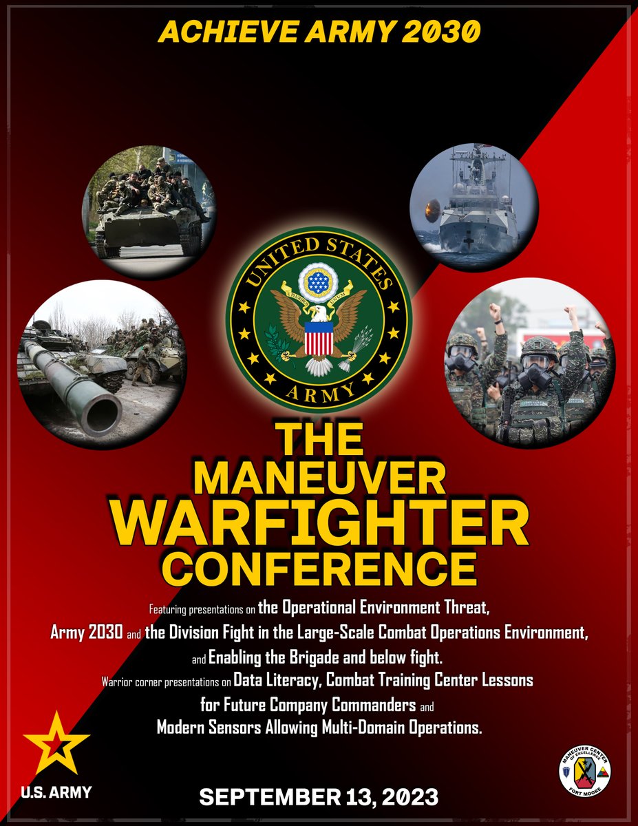 Join us for #MWFC, Sept. 12-14, as <a href="/USArmy/">U.S. Army</a> leaders and SMEs discuss how to fight and win on the battlefield of tomorrow.

Day 2 will feature talks on the Division fight in large-scale combat operations and more!

Register: moore.army.mil/mcoe/maneuverc… <a href="/curtisbuzzard/">Curtis A. Buzzard</a> <a href="/TRADOC/">U.S. Army TRADOC</a> #BeMoore