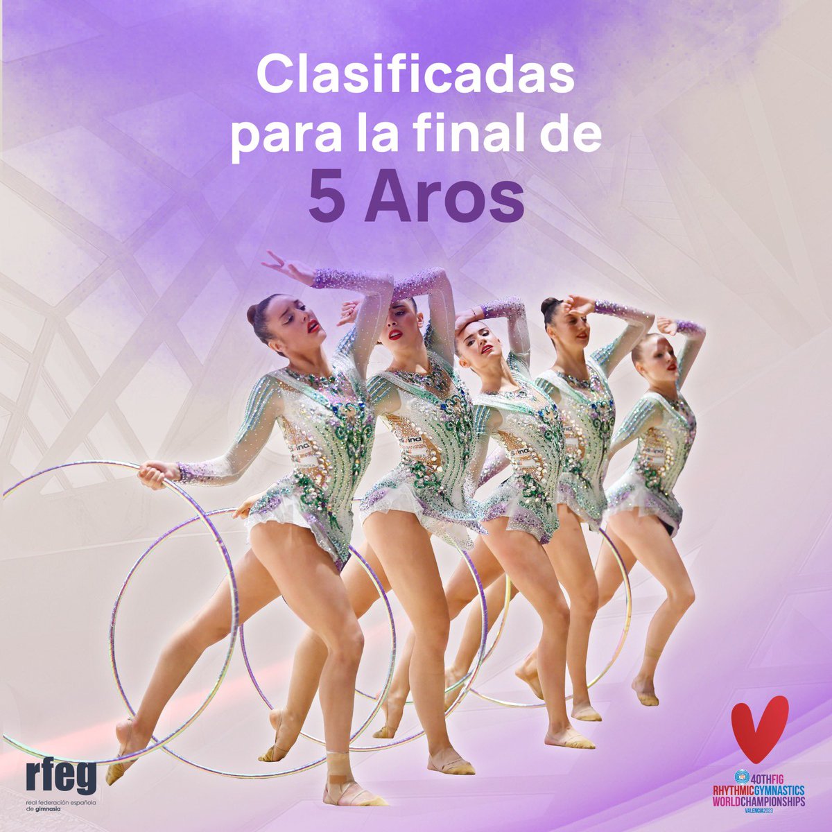 RFEGimnasia's tweet photo. ¡A LAS FINALES! 🔥

El conjunto senior estará en ambas finales por aparatos del Campeonato del Mundo de Valencia #RhyWorlds2023 tras clasificarse en ambos ejercicios ❤️

¡ENHORABUENA Y MUCHA SUERTE! https://t.co/61SafBCAAE