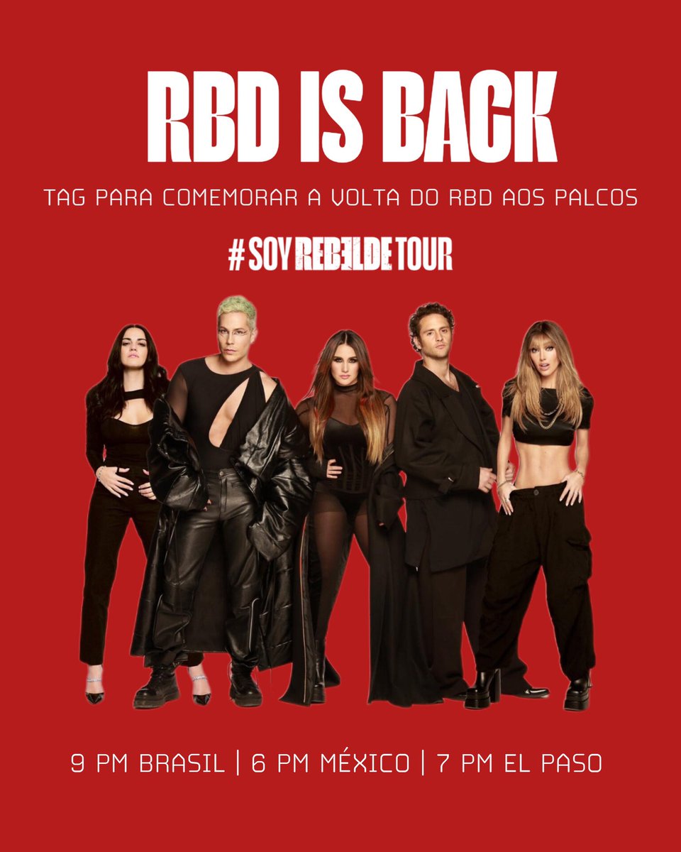 qgsoyrebelde's tweet photo. 🚨 ¡ES HOY! 
Después de 15 años de espera, RBD vuelve al escenario y nos uniremos y haremos esta noche ser mágica! Con todo nuestro amor y energía, nos vamos con todo, a partir de las 9pm , subir el tag RBD IS BACK 🚨 https://t.co/lMGDooKgf6