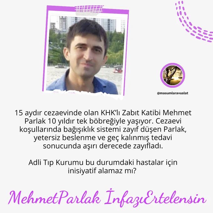 15 aydır c.i.k'de ve 10 yıldır tek böbreğiyle yaşıyor, 
Cezaevi koşullarında daha da zayıf hale gelen M.Parlak 45 kiloya düşmüş.

MehmetParlak İnfazıErtelensin