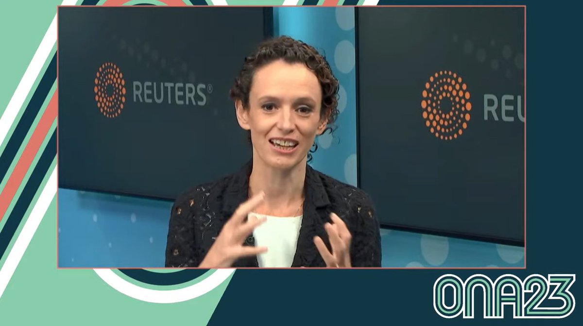 It's very weird watching our <a href="/Reuters/">Reuters</a> #AI session at #ona23 from London and seeing myself on a pre-record rather than being able to beam in live. Will be here for any follow-up questions from the audience there and hope to be there in person next time #greekhands #journalism