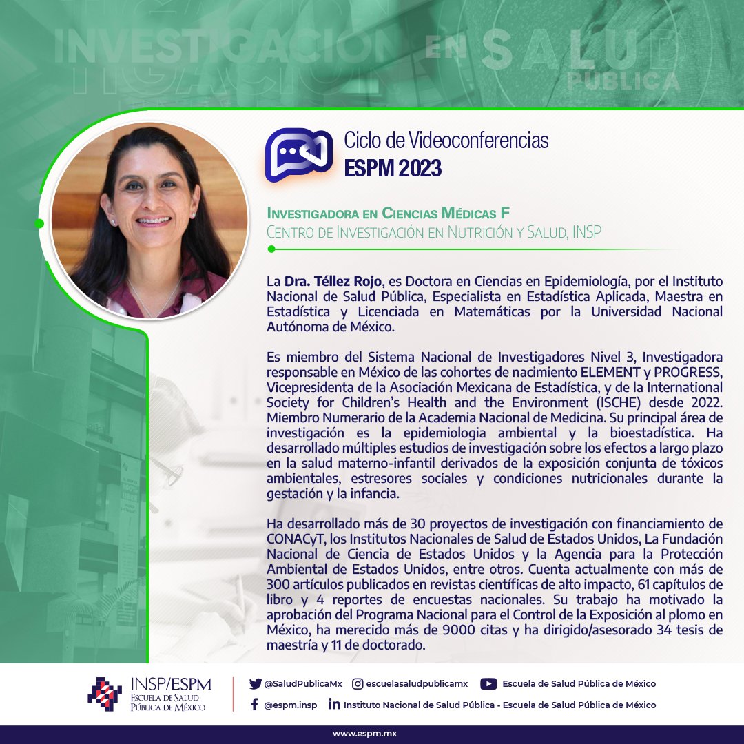 SaludPublicaMx's tweet photo. Conoce a la Dra. Martha María Téllez-Rojo Solís, ponente en la próxima #VCI23: "De la investigación a la política pública: el caso de la exposición a plomo en México" 🇲🇽🔍
📅 19 de sept · 12:00 h
💻 En vivo vía Facebook Live y zoom
🚫 Sin registro previo
#SomosESPM #SaveTheDate https://t.co/nWrXg1hAjc