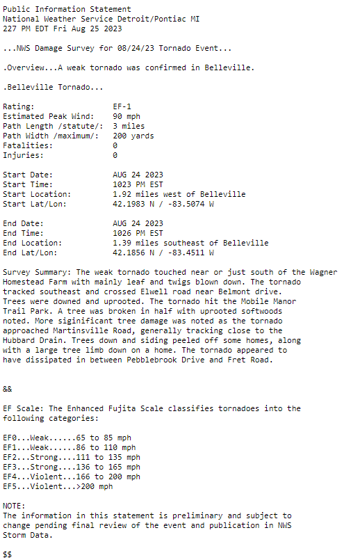 NWSDetroit's tweet image. Another confirmed tornado from last night was confirmed to have touched down west of Belleville. The tornado was rated EF-1, with winds up to 90 mph. The tornado tracked southeast, uprooting trees and peeling siding off homes, finally dissipating after a 3 mile path length.