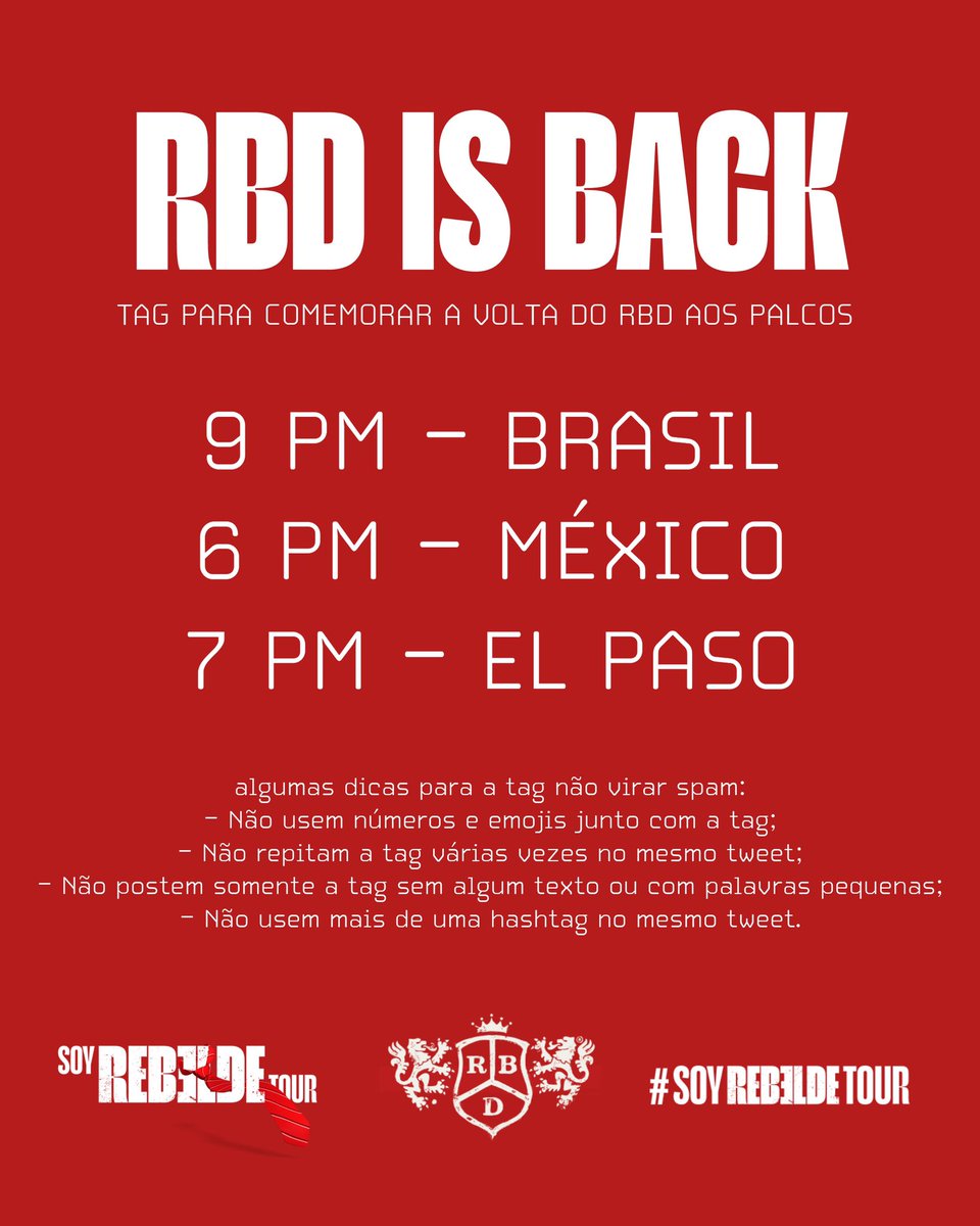 qgsoyrebelde's tweet photo. 🚨É HOJE! Depois de 15 anos de espera, o rbd volta aos palcos e vamos nos unir e fazer a noite de hoje ser mágica! Com todo nosso amor e energia, vamos subir, a partir das 21h 🇧🇷 , 7pm 🇺🇸 e 6pm 🇲🇽, a tag RBD IS BACK 🚨 #SoyRebeldeTour https://t.co/OhiQC5W10C