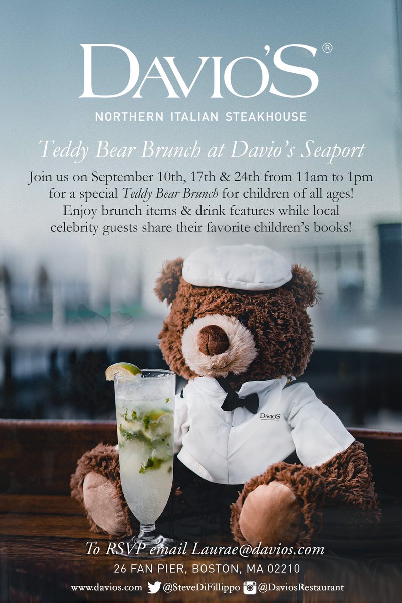 Davio's Northern Italian Steakhouse (@daviosseaport) on Twitter photo Join us for a one of a kind Teddy Bear Brunch at Davio's Seaport 🐻 🍸 🥞 Enjoy brunch items & drink features while local celebrity guests share their favorite children's books! To RSVP email Laurae@davios.com | Celebrity guests will be announced next week!
<a href="/seaportbos/">Boston Seaport</a> Join us for a one of a kind Teddy Bear Brunch at Davio's Seaport 🐻 🍸 🥞 Enjoy brunch items & drink features while local celebrity guests share their favorite children's books! To RSVP email Laurae@davios.com | Celebrity guests will be announced next week!
<a href="/seaportbos/">Boston Seaport</a>