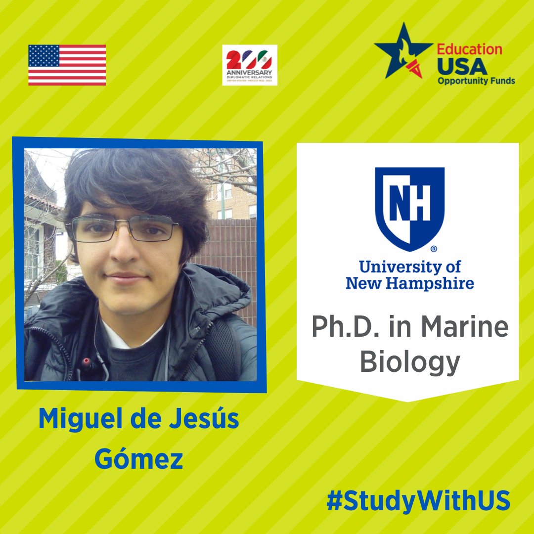 EdUSAPuebla's tweet photo. ��Miguel de Jesús, graduate of Universidad de Guadalajara and #OpportunityFundsGrantee23, will be pursuing his Ph.D. in Marine Biology at University New Hampshire for the next 5 years. We wish you the best!��
#EducationUSA #StudyWithUS #StudentSuccess #InternationalStudents https://t.co/lgwjmhV7sf