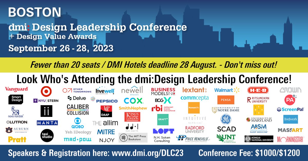 Are You Represented?
Experts, thought-leaders, peers (and competitors) from these organizations will be at the dmi:Design Leadership Conference in Boston. Is your organization represented? Fewer than 20 seats remain, don't delay.

dmi.org/page/Boston202…

#designmanagement