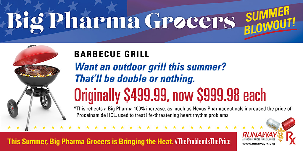 Runaway_Rx's tweet photo. Throwing an end of Summer BBQ? It’s a Summer Blowout at #BigPharmaGrocers where our barbecue grills are priced 100 times higher than the other guys!

Compared to some of our other drug price hikes, this is practically a steal! #TheProblemIsThePrice
https://t.co/KwIcjOrHNS https://t.co/XaP9sfzhgS