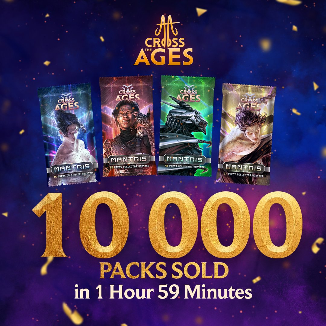 CrossTheAges's tweet photo. 🚨 𝐀𝐧𝐨𝐭𝐡𝐞𝐫 𝐧𝐞𝐰 𝐫𝐞𝐜𝐨𝐫𝐝!! 𝐀 𝐬𝐨𝐥𝐝 𝐨𝐮𝐭 𝐢𝐧 𝟏𝟒 𝐦𝐢𝐧𝐮𝐭𝐞𝐬 !! 

Today again, the Cross The Ages community proved its enthusiasm by emptying this week's pack stocks in just 14 minutes 👊 In total, 10 000 packs were sold in just 1 hour 59 minutes... 

Only one question remains: What's next? 👀

⏩ Learn more : https://t.co/wkZA8aK5mn