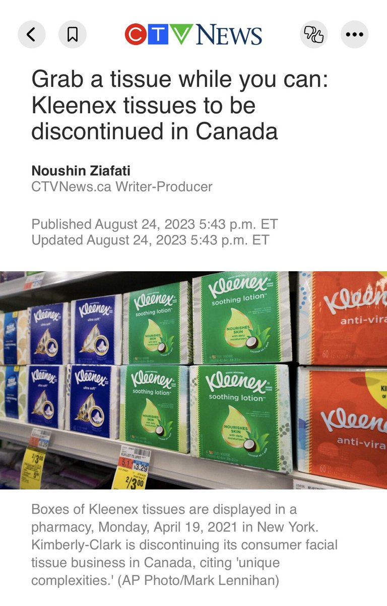Kleenex will stop selling its tissues in Canada. 
Apparently someone decided that you lovely Canadians do not deserve the best soft nice tissue. 
Coming soon to your shelves — a new brand called The Rough Stuff ™️ 
Because you’re tough and you can handle it ❤️ 🇨🇦