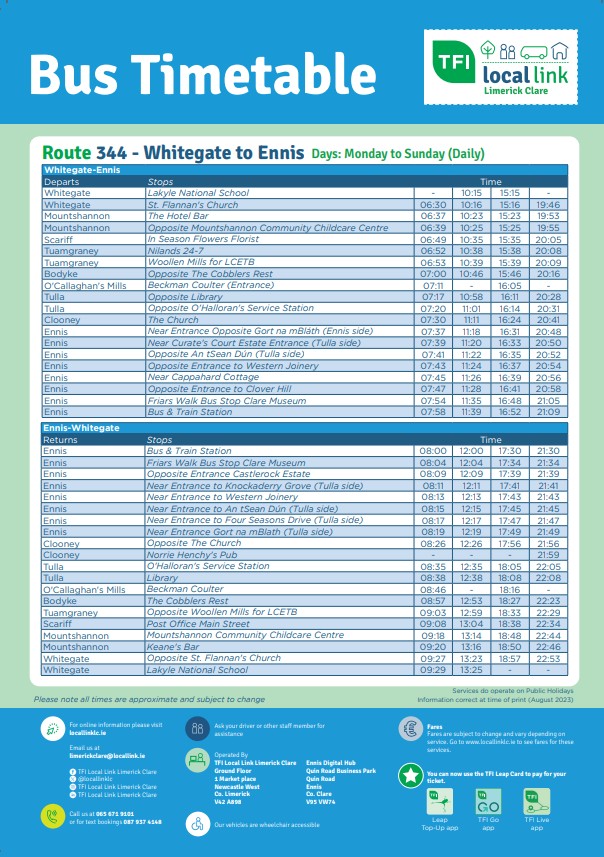 📢 New Bus Timetable 🚌 Route 344 🏁 From Whitegate to Ennis 🗓 Starting on 28/08/23 💶Whitegate to Ennis €3 #TFILocalLink #ConnectingIreland #publictransport #clare