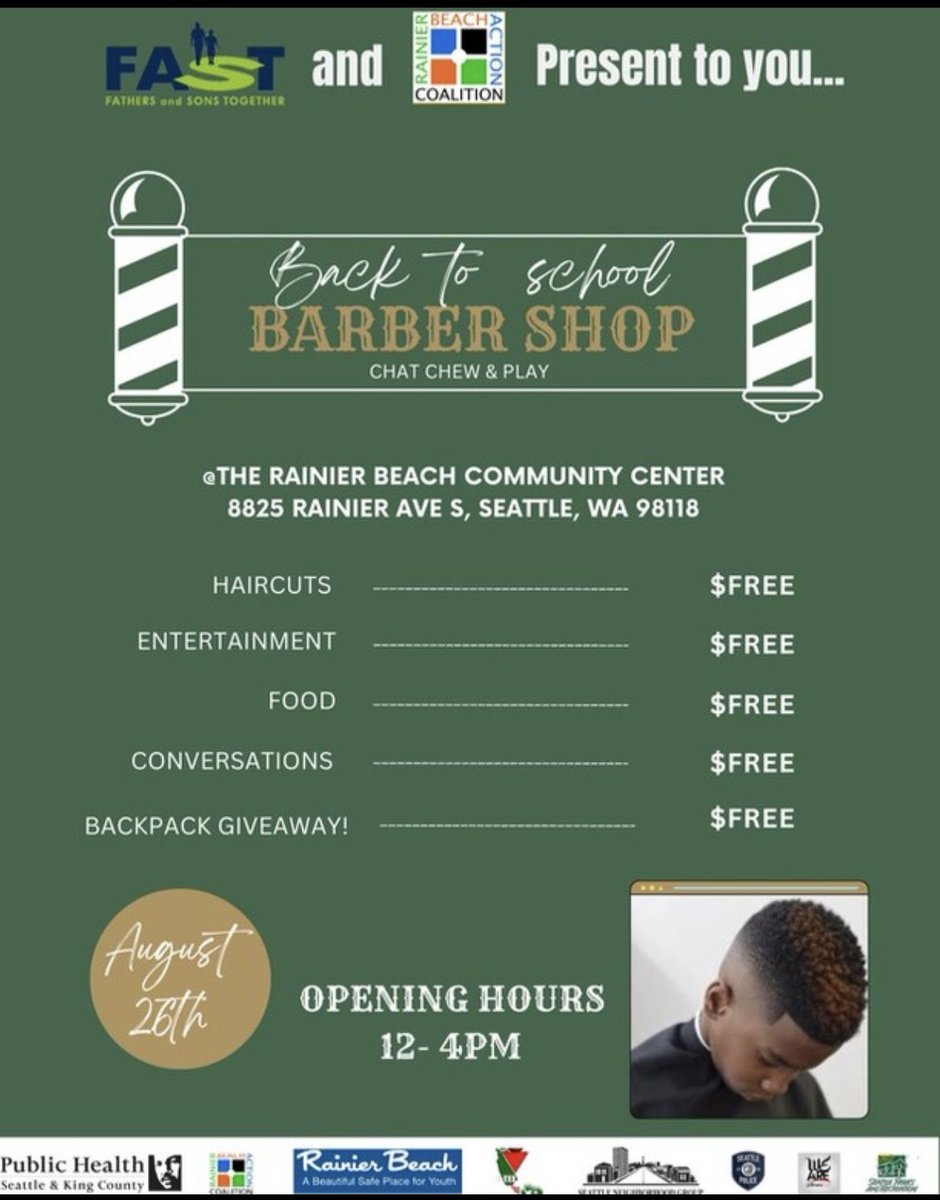 Back2School Bash tomorrow from 12-4pm at the Rainier Beach Community Center Plaza will have local barbers that will lead discussions to engage families and youth. Hope to see you there!

#RBAC #Seattle #SouthSeattle #SetTheRecordStraightRB #SESeattle #RainierBeach