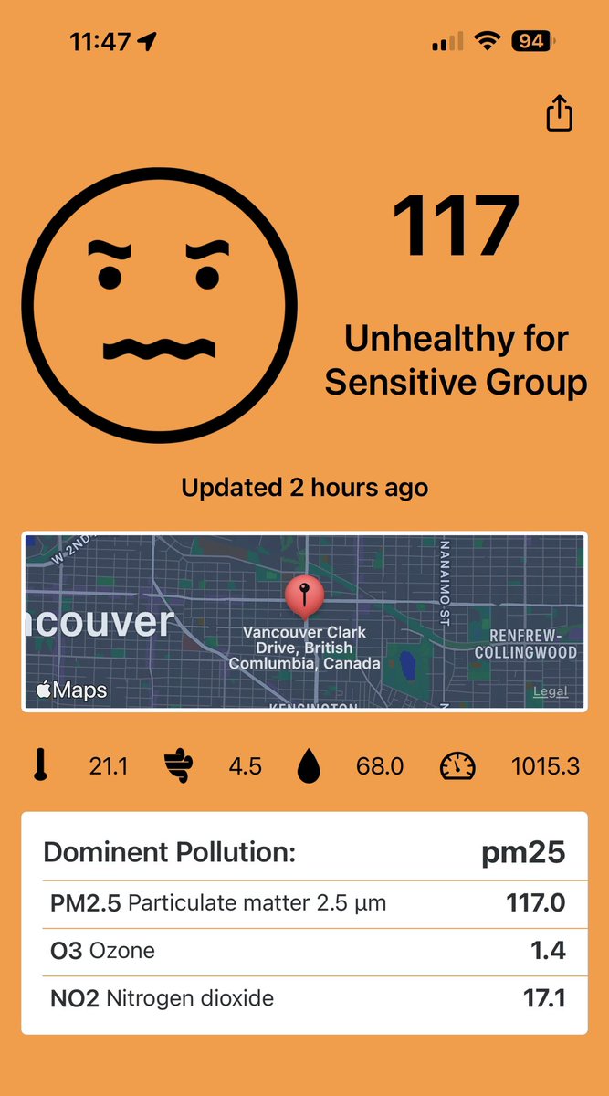 JbStevenard's tweet photo. Today in Vancouver, BC, Canada AQI 117 😭😷 you can check air quality with this app 
https://t.co/7SgNyW4Rzh
#pollution #pm25 #wildfire #smoke #smog #vancouver #Canada https://t.co/v6VsQSbw8p