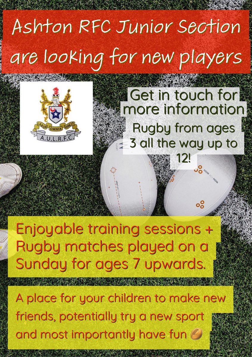 Ashton-under-Lyne RFC Junior Section: Join us for the upcoming season in a family friendly environment where your children can make friends for life! - Please get in touch for information on training and game times. We hope to see you down soon!⚫️🔴🟡