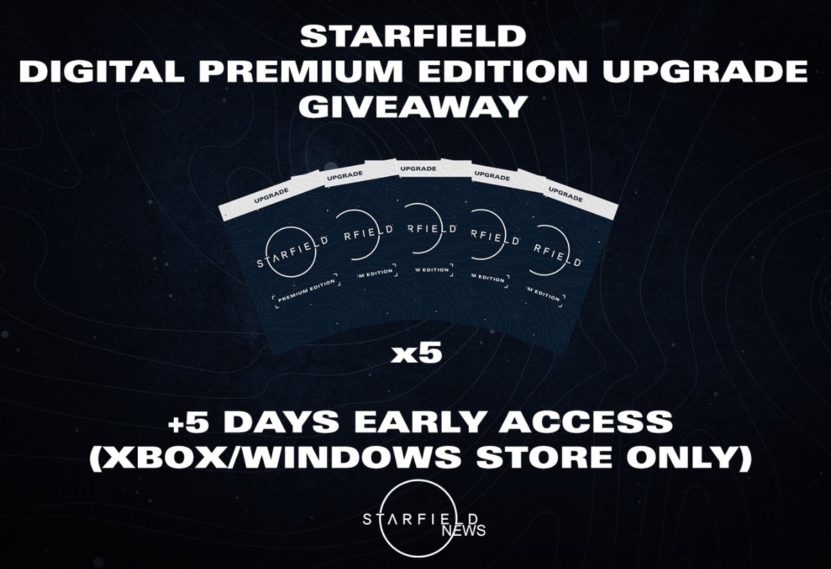 Friday Giveaway 4! As a last hoorah before release, I'm giving away 5 #Starfield Premium Edition Upgrades! (For Xbox and Windows Store purchases - also upgrades the Game Pass version for early access) To enter - Repost this and follow this account! (Worldwide - Ends Sep 1)