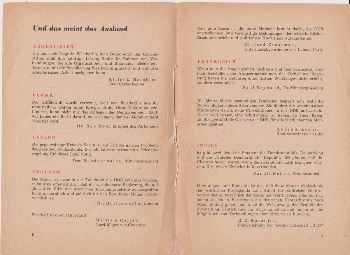 62 years ago this month: erection of the Berlin Wall. This pamphlet contains Walter Ulbricht's explanation of what it was for. But perhaps the most interesting part is the supportive comments from abroad, including 3 from the UK. (And who is Mr Butterworth?)
