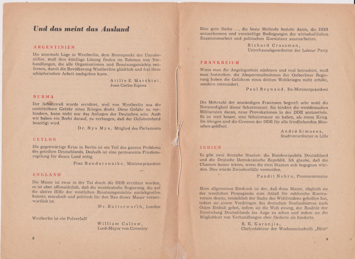 62 years ago this month: erection of the Berlin Wall. This pamphlet contains Walter Ulbricht's explanation of what it was for. But perhaps the most interesting part is the supportive comments from abroad, including 3 from the UK. (And who is Mr Butterworth?)