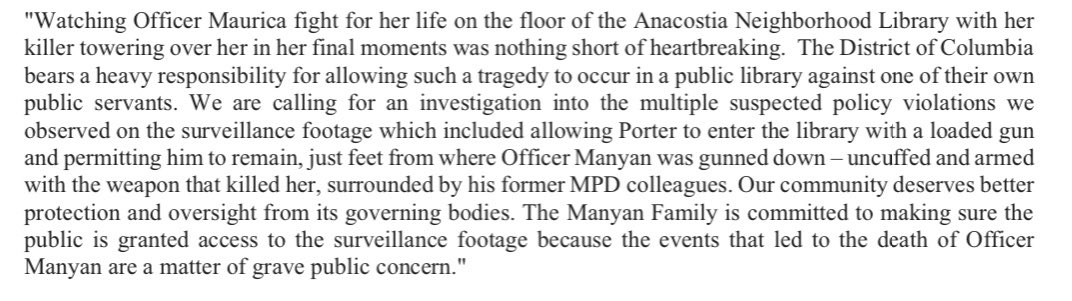 RamirezReports's tweet image. An attorney for the victim, SPO Maurica Manyan, shared this statement with @fox5dc. I’m told the attorneys were only recently allowed (around the 1yr on August 4th) to view the surveillance video mentioned below: