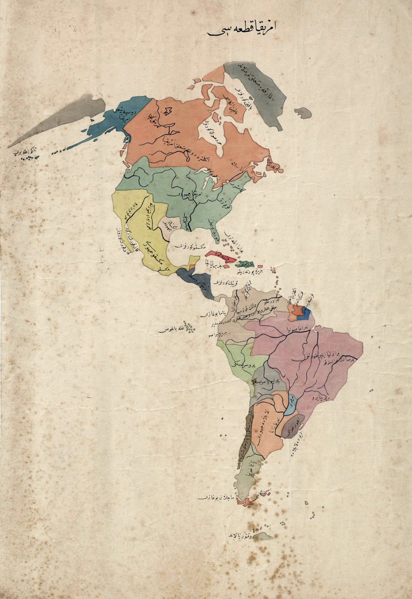 Ottoman map of the Americas, ~1840. Notice that: Alaska is 'Russian America' Texas is an independent republic Mexico is spelled مکسقو Central America is a single republic Gran Colombia was a single state Bolivia still reached the sea and Uruguay is spelled with an ع!