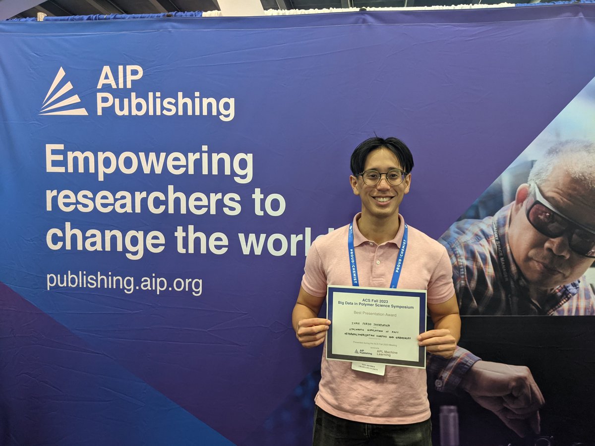 Congrats to Ivan Ferdo Jayapurna for his presentation “Stochastic Simulation of Raft Heteropolymerization #Kinetics & Sequences’ during #ACSFall2023 #BigData in #PolymerScience Symposium! @APLMachineLearn is proud to sponsor this Best Presentation Award!
aippub.org/3YwrTCF