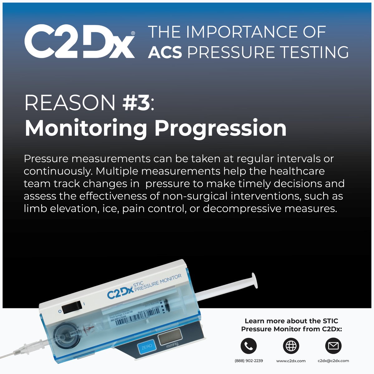 Testing with the STIC Pressure Monitor from #C2Dx, is a crucial step to aid in the evaluation of Acute #CompartmentSyndrome. Here are 3 reasons why this testing is important.

Learn more about ACS and the STIC Pressure Monitor in our new white paper: scnv.io/ACSWhitePaper