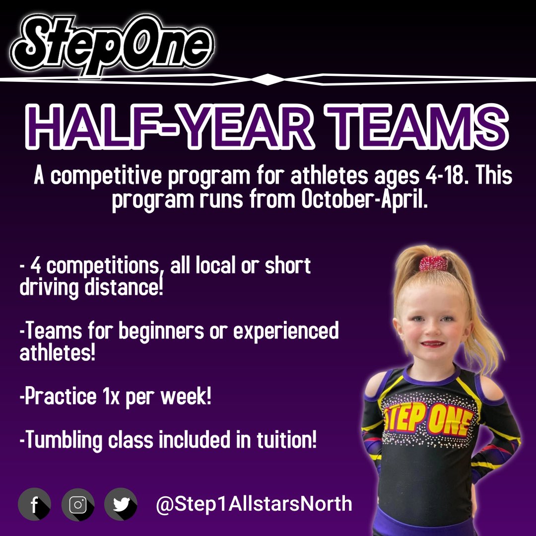 Our half-year teams are the perfect place to grow your allstar cheer skills and be on a team with friends from multiple school districts. 

Join us on September 16th or 17th for evaluations! 📣

Email Melanie@Step1allstars.com with any questions!