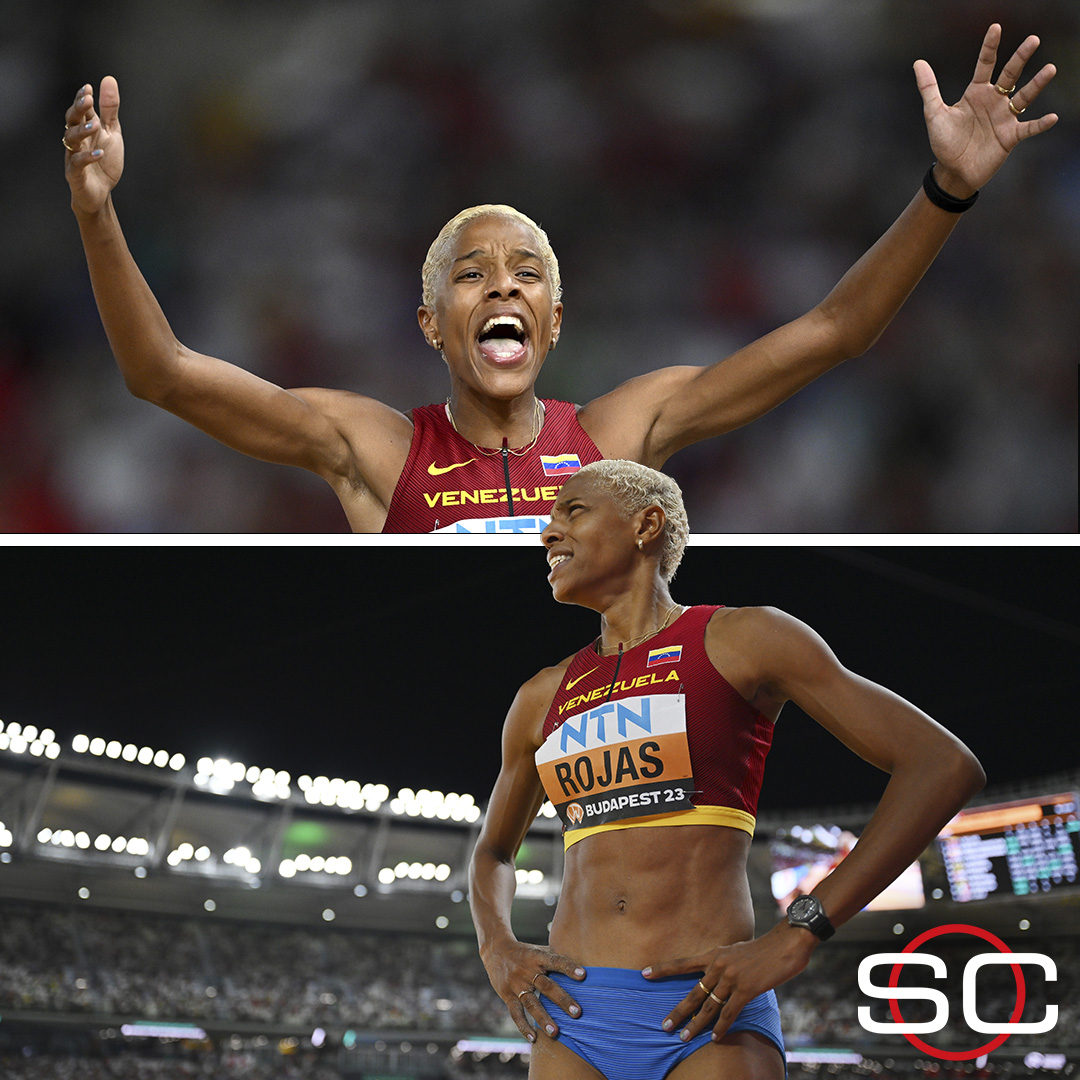 SC_ESPN's tweet photo. 🇻🇪 ¡¡YULIMAR ROJAS SIGUE HACIENDO HISTORIA Y SE QUEDA CON EL ORO EN BUDAPEST!! 🇻🇪 

😱 La icónica atleta venezolana firmó una impactante performance (15.08m) en su último intento para pasar de ser OCTAVA al primer puesto sin escalas 

🐐 Se queda con el título mundial en salto triple por CUARTA VEZ consecutiva