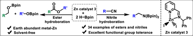 Panda, Sau, Chandrasekhar, and coworkers have developed a bench-stable zinc complex for the effective catalytic hydroboration of esters and nitriles under solvent-free conditions. See their work in #JOrgChem pubs.acs.org/doi/10.1021/ac… @TarunPanda2016 @CHYIITH @ASau_Chem