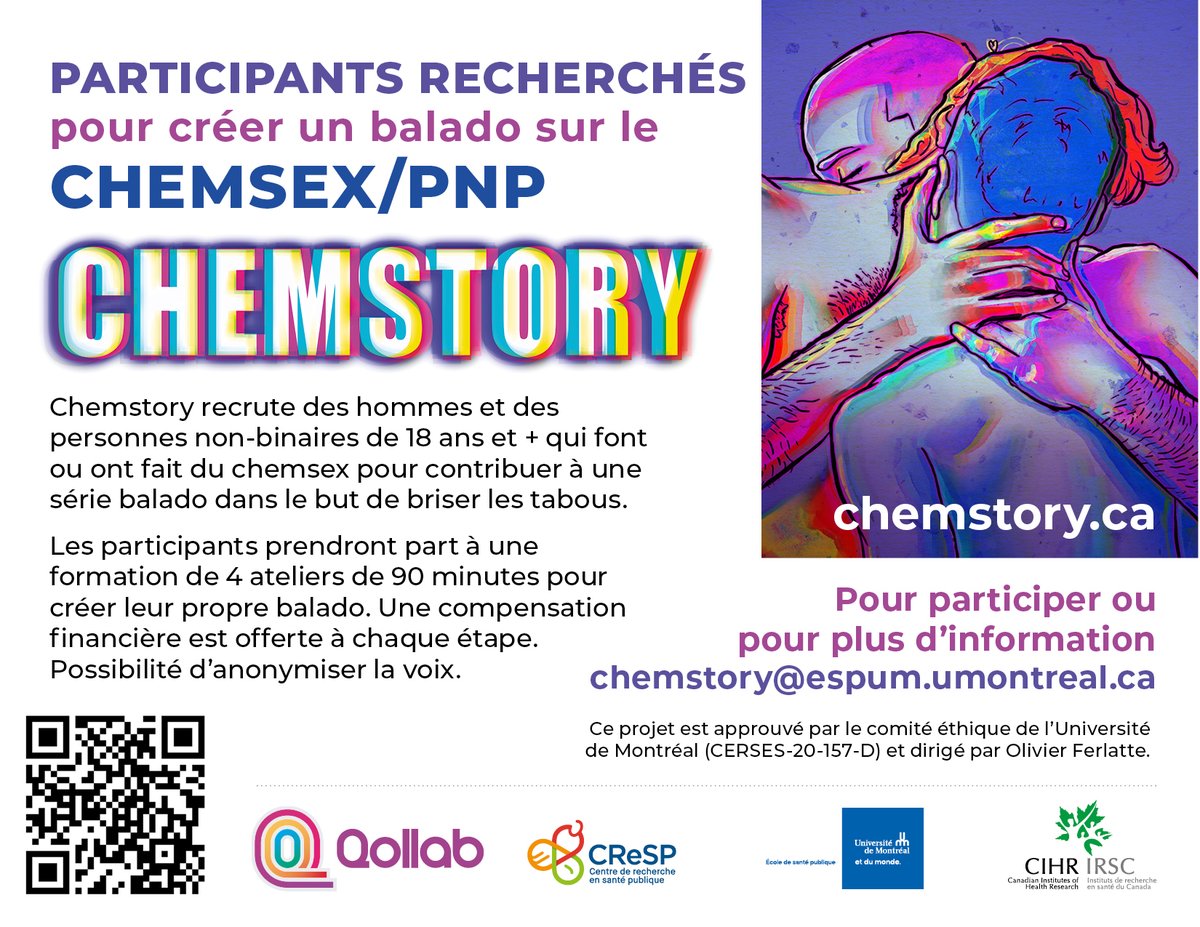 PNP ou chemsex? Tu en fais parfois, souvent ou plus du tout ? Tu veux partager ton histoire dans un balado ? Le projet Chemstory est pour toi! Une compensation financière est offerte. Détails sur la page qollab.ca/chemstory/