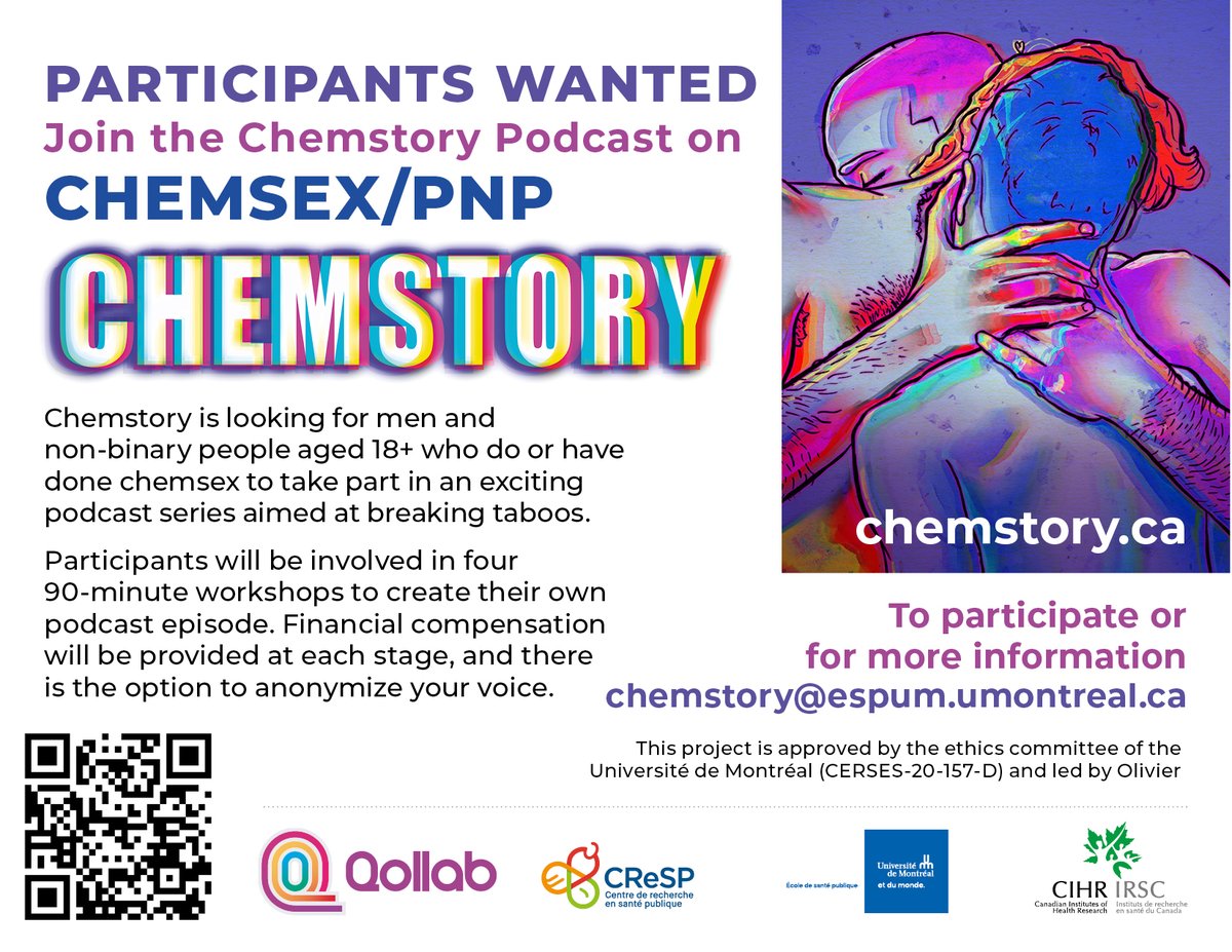 PNP or chemsex? You do it sometimes, often or not anymore? Want to share your story in a podcast? The Chemstory project would love to hear from you! Financial compensation will be provided. Details on the page qollab.ca/en/chemstory/
