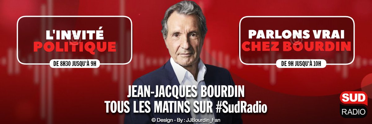 JJBourdin_Fan's tweet photo. 🔴 RENDEZ-VOUS 🔴
🎙 L'#InterviewPolitique
📣 Les acteurs de la vie politique s'expriment au micro de @JJBourdin_off
🎙#ParlonsVraiChezBourdin
📣 L'actualité du jour commentée et débattue avec ses invités.
🗓 du lundi au vendredi
⏰ de 8h30 à 10h
📻 sur @SudRadio #SudRadio https://t.co/E8zxoToShN
