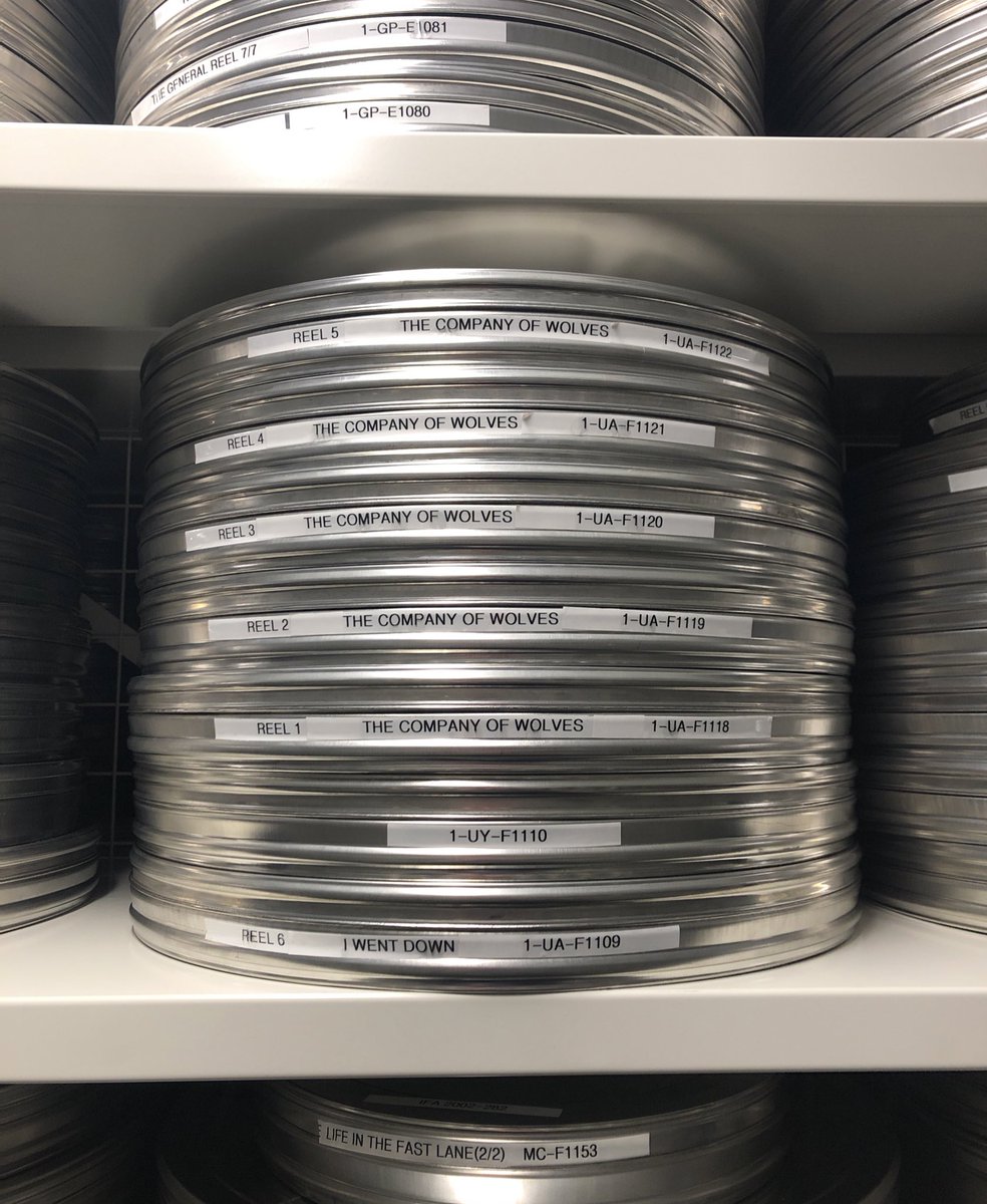 Took part in a great research workshop today that included a visit to the <a href="/IFI_Dub/">Irish Film Institute</a> archive in Maynooth and got to fanboy over these cans containing The Company of Wolves😁