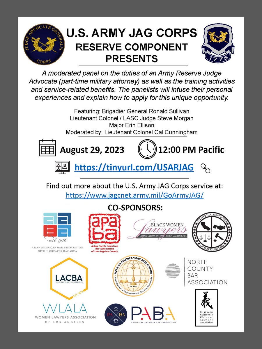 LACBAveterans's tweet photo. @LACBA’s Armed Forces Committee is Co-sponsoring the US Army Reserve’s Program on JAG Service!  Tuesday, 8/29 @noon https://t.co/37Asj3JvK5