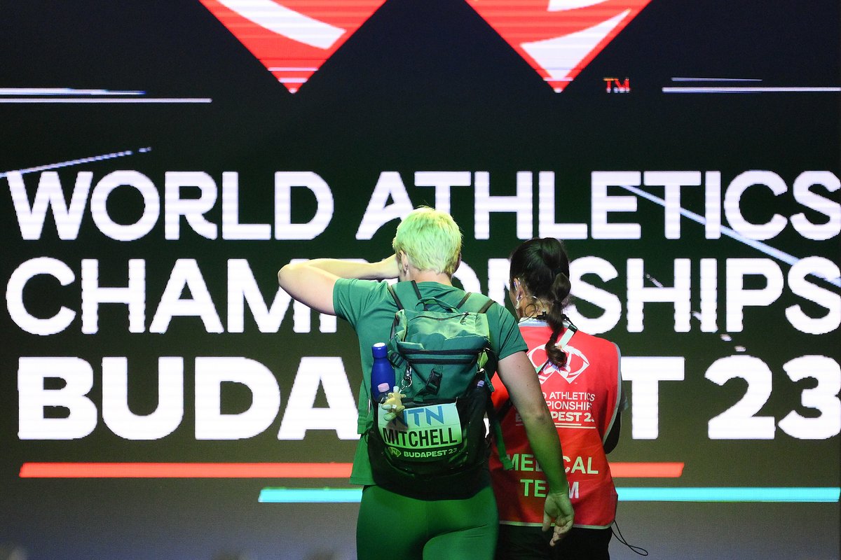 AustralianAths's tweet photo. Heartbreak 💔

Kathryn Mitchell injures herself in her final warm-up throw for the Women's Javelin Final, forcing her withdrawal from the competition prior to its start. 

It's time to rest and recover 💚💛

#ThisIsAthletics https://t.co/i3KuKBG5ip