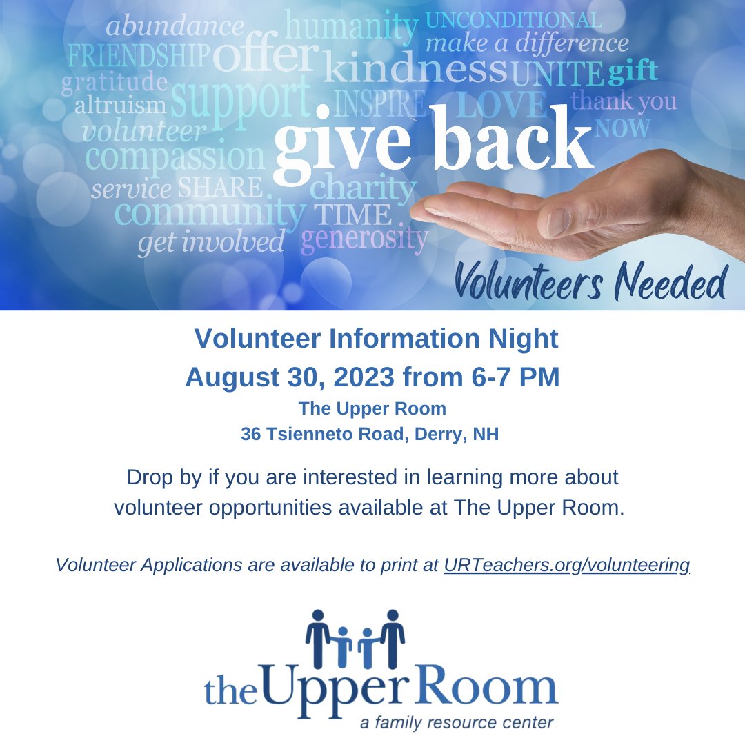 Ever thought about volunteering at The Upper Room?
Join us for our Volunteer Information Night Aug. 30 from 6-7 pm. #DerryNH #VolunteerNH
