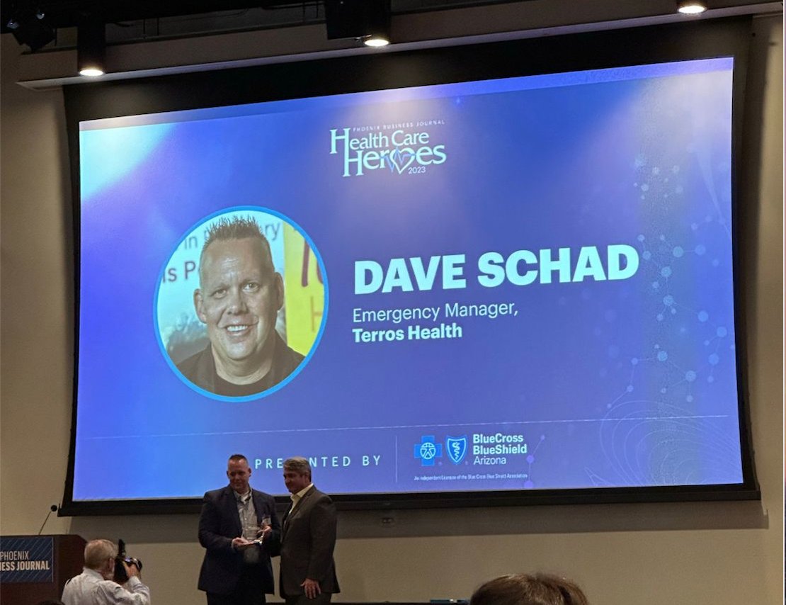 terroshealth's tweet photo. Congratulations to our Emergency Management Specialist, Dave Schad, for winning the @phxbizjournal  2023 Health Care Heroes award in the Health Care Education category! 🎉 We are so proud of you Dave, and we are honored to have you as part of our team. 🧡 https://t.co/ZnhbJxQbBe