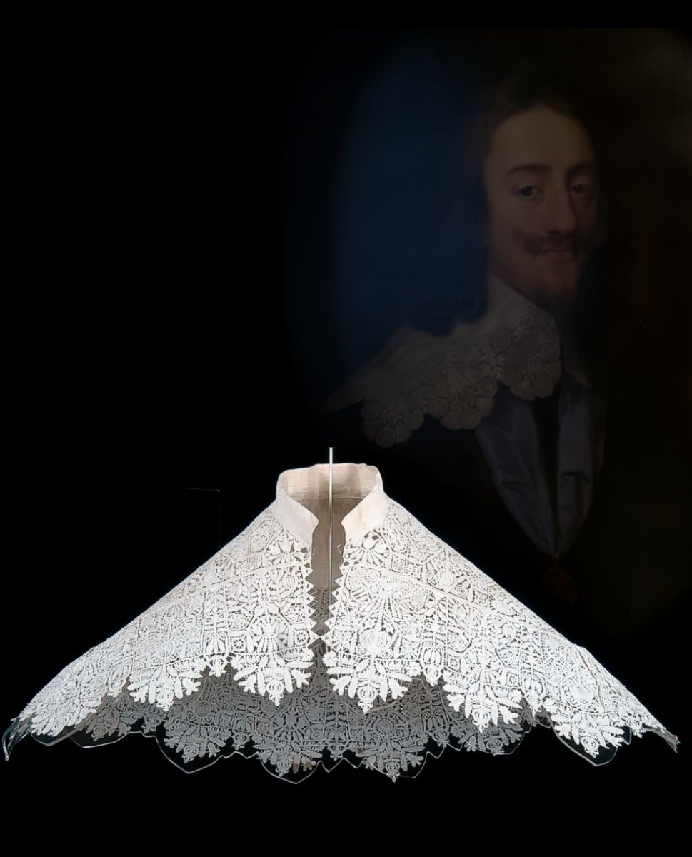 Collar of English needle lace 1635. Believed to have belonged to King Charles I

Made of linen cutwork & geometric needle lace.

Rare survivor in 
Blackborne Lace Collection @TheBowesMuseum

Wonder if anyone can make this in 2023? 

#CharlesI #Fashion #Design #Art #History