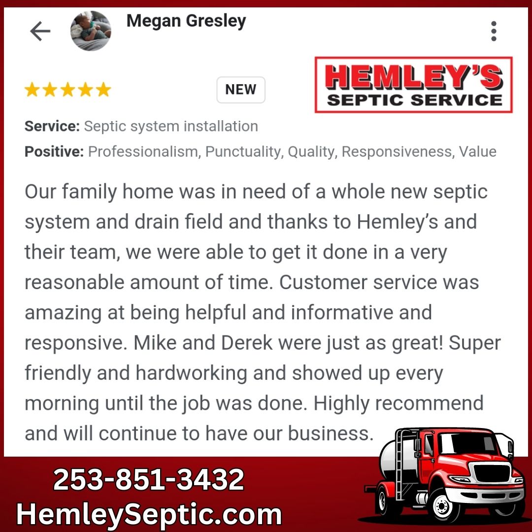 🌟🌟🌟🌟🌟 Customer Appreciation

👨🏼‍🔧🚛🚽 Hemley's Septic, Serving You, Since '62! 
📱Call 253-851-3432
💻  hemleyseptic.com

#hemleyseptic #gigharbor #tacomawa #masoncounty #piercecounty #thurstoncounty #kitsapcounty #kitsapcountyseptic #masoncountyseptic #gigharborseptic
