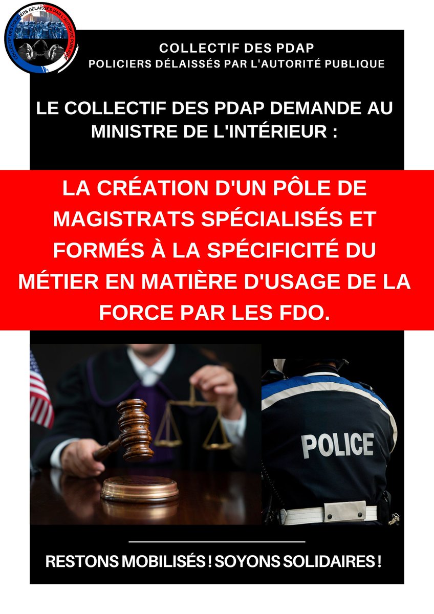 collectifPDAP's tweet image. Cette revendication est aussi primordiale !
Nous devons travailler main dans la main avec la justice !
Des magistrats spécialisés et formés en matière d'usage de la force par les FDO permettra une meilleure vision et compréhension de notre quotidien.
@JLMelenchon @GDarmanin