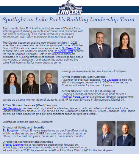 The first LP Link e-news for 2023-24 is out! Read a Spotlight introducing the new #WeAreLakePark <a href="/LPprincipals/">Alexia Ellett (WC) & Sean Potts (EC)</a> &amp; leadership team, a preview of Safety Week, <a href="/LPHSActivities/">LPHS Student Activities</a> opportunities &amp; resources, free @D87_GPS workshops &amp; more! conta.cc/3YXul5p goo.gl/RSnJcx
