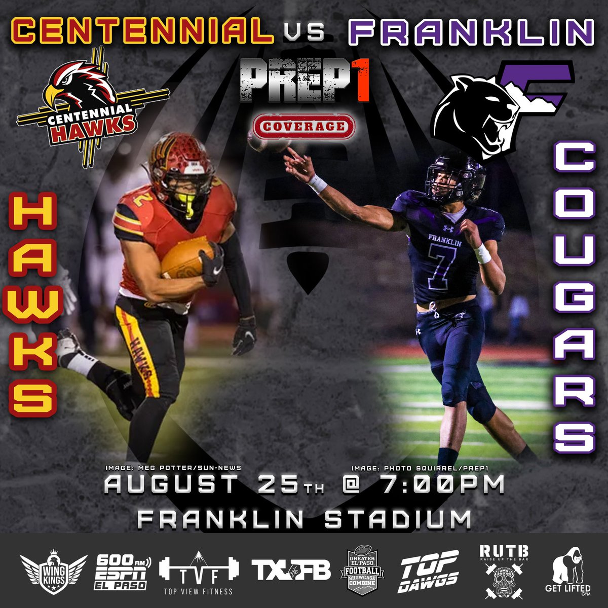 ⚡️#PREP1 ➲ West Texas
🏈 𝙂𝙖𝙢𝙚𝘿𝙖𝙮 𝘾𝙤𝙫𝙚𝙧𝙖𝙜𝙚 • 08.25.23
#TXHSFB “𝕃𝕀𝕍𝔼” 7:00pm MST 

Centennial Hawks
🆅🆂 Franklin Cougars    

[◉"] ➲  #SixFiveSix 
[◉"] ➲ -#PhotoSquirrel
#915Showcase | #FFN600 | 
#TXHSFBLife | #TopDawgs