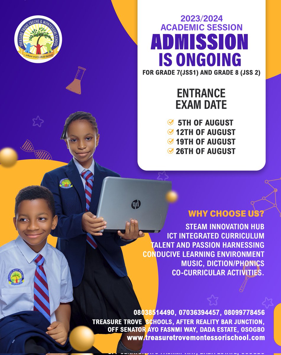 Looking for a Secondary School that Prioritizes Academic Excellence, Technology Education, Entrepreneurship Education and Moral Excellence?

Entrance Exam into @TreasureTroveM
for Grade 7(JSS1) and Grade 8(JSS2) holds tomorrow at the School premises.

#TreasureTroveSchools