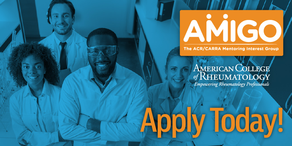 AMIGO, the ACR/<a href="/carrainc/">CARRA</a> Mentoring Interest Group, is now accepting applications for #pedsrheum mentors &amp; mentees. Deadline to apply is Friday, Sept. 8. ACR membership is required to participate. Learn more → acr.tw/47LGD55